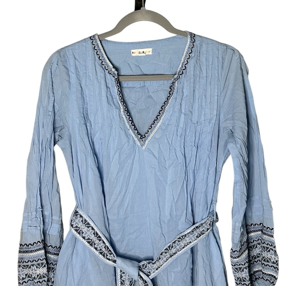 Roller Rabbit Nydia Blue Crosshatch Embroidered Puff Sleeve Boho Mini Dress M - Picture 3 of 6